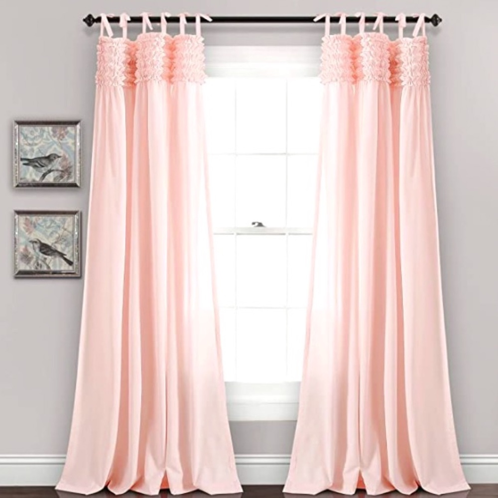 Top-Tie Ribbon Blush-Pink Ruffle Curtain Panels (Pair), 84 in. (height)